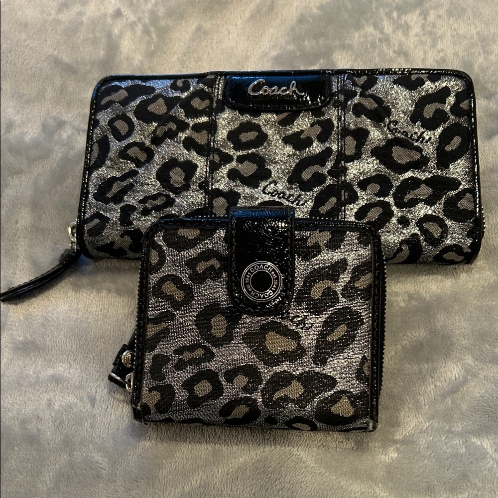 Coach Glittery Black and Silver Leopard Wallet Set